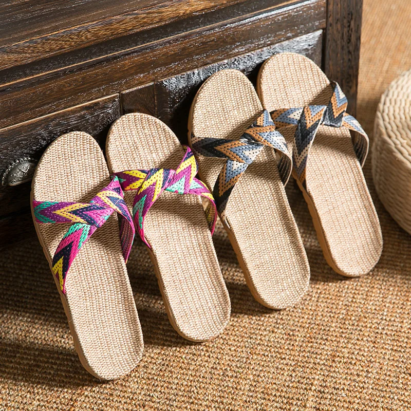 Mntrerm Hot 2023 New Candy Color Flax Home Slippers Striped Cut-outs Summer Indoor Slippers Flats Soft Cool Women Linen Slipper