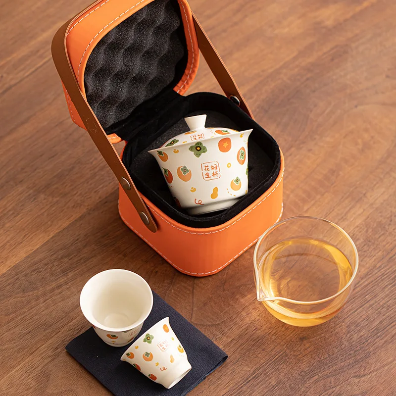 Good Fortune Travel Tea Set Portable Ceramic Gaiwan Outdoor Gift Box