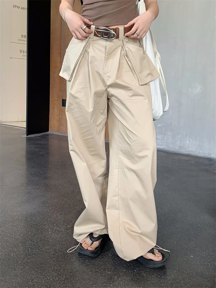 PLAMTEE Wide Leg Summer Pants Women Brown T-Shirts High Street 2024 Fashion Minimalist Casual Office Lady Daily Slim New Chic