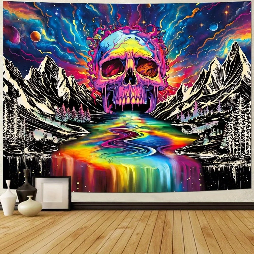 Psychedelic Skull Rainbow Mountain Landscape Tapestry Bohemian Boho Wall Hanging Cosmic Galaxy Abstract Art Decor for Festival B