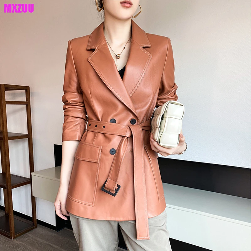 Women\'s Leather Jacket England Style Suit Collar Double-Breasted Belt Slim Medium to Long Chaquetas Mujer Sheepskin Coat Fashion