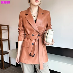 Women's Leather Jacket England Style Suit Collar Double-Breasted Belt Slim Medium to Long Chaquetas Mujer Sheepskin Coat Fashion