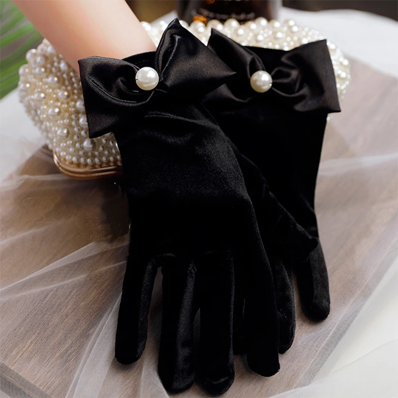 Guantes negros Retro de terciopelo con lazo para mujer, accesorios de fotografía de estudio, manoplas para vestido de novia, guantes cortos para