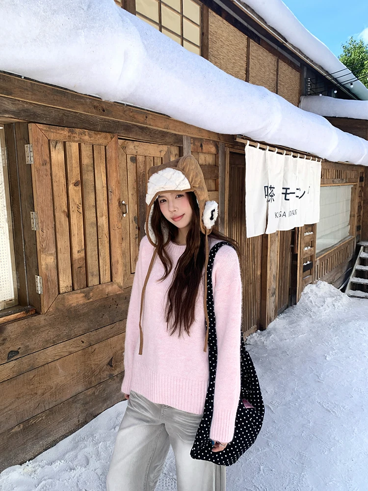 سترة محبوكة بأكمام طويلة باللون الوردي الفاتح للنساء، تصميم فضفاض بأسلوب عصري، إصدار جديد للخريف والشتاء، مظهر شبابي وأنيق #4