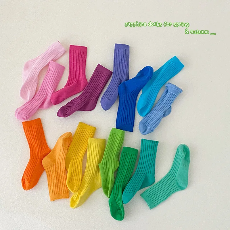 

4Pairs Pack 1-12 Year2022 spring new candy color double needle tube socks 18 colors boys and girls socks