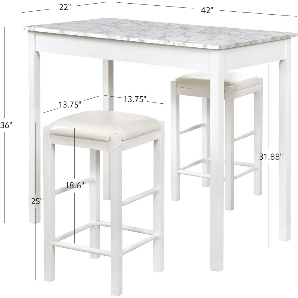 โต๊ะบาร์ชุดโรงเตี๊ยมหินอ่อนเทียม3ชิ้นสีขาวเหมาะสำหรับครอบครัว (22.05x42.13x36.25นิ้ว) โต๊ะบาร์ทันสมัย