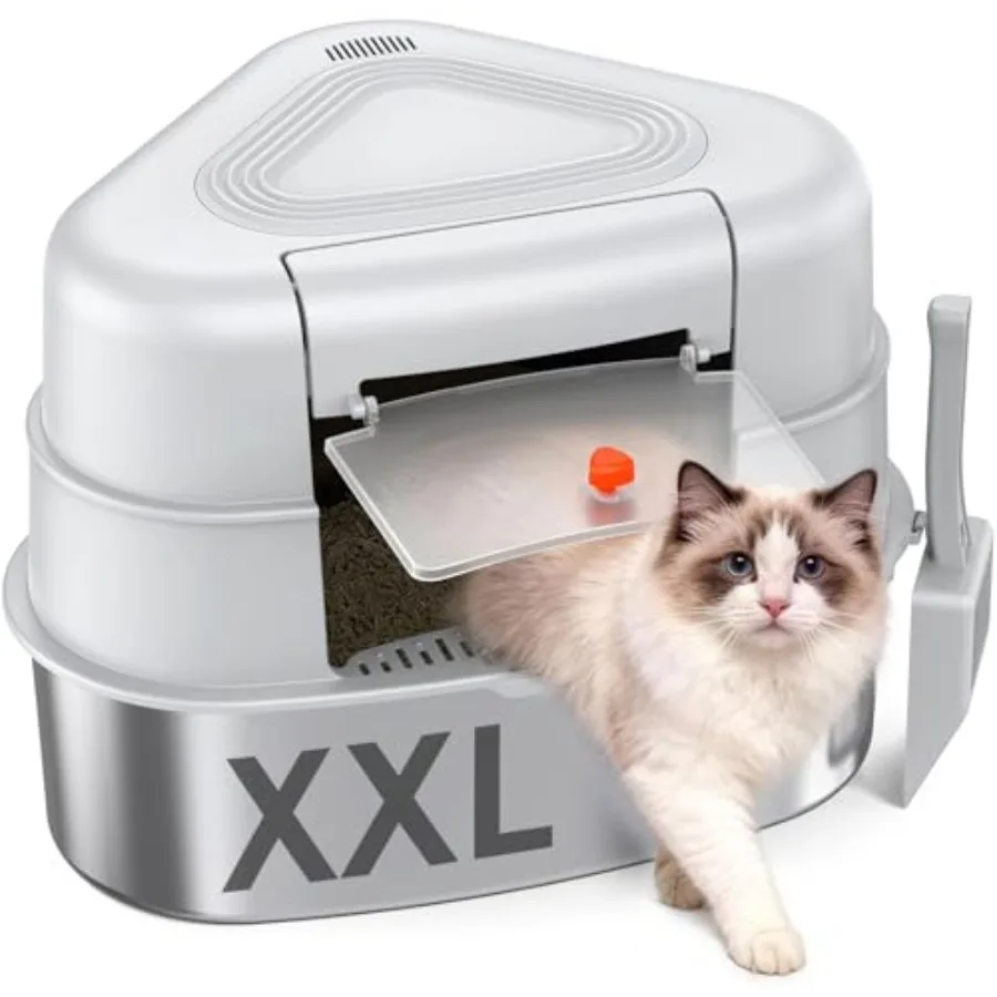 XXL Stainless Steel Corner Cat Litter Box with Lid - Sturdy No Odor Space-Saving Hidden Design for Large Cats