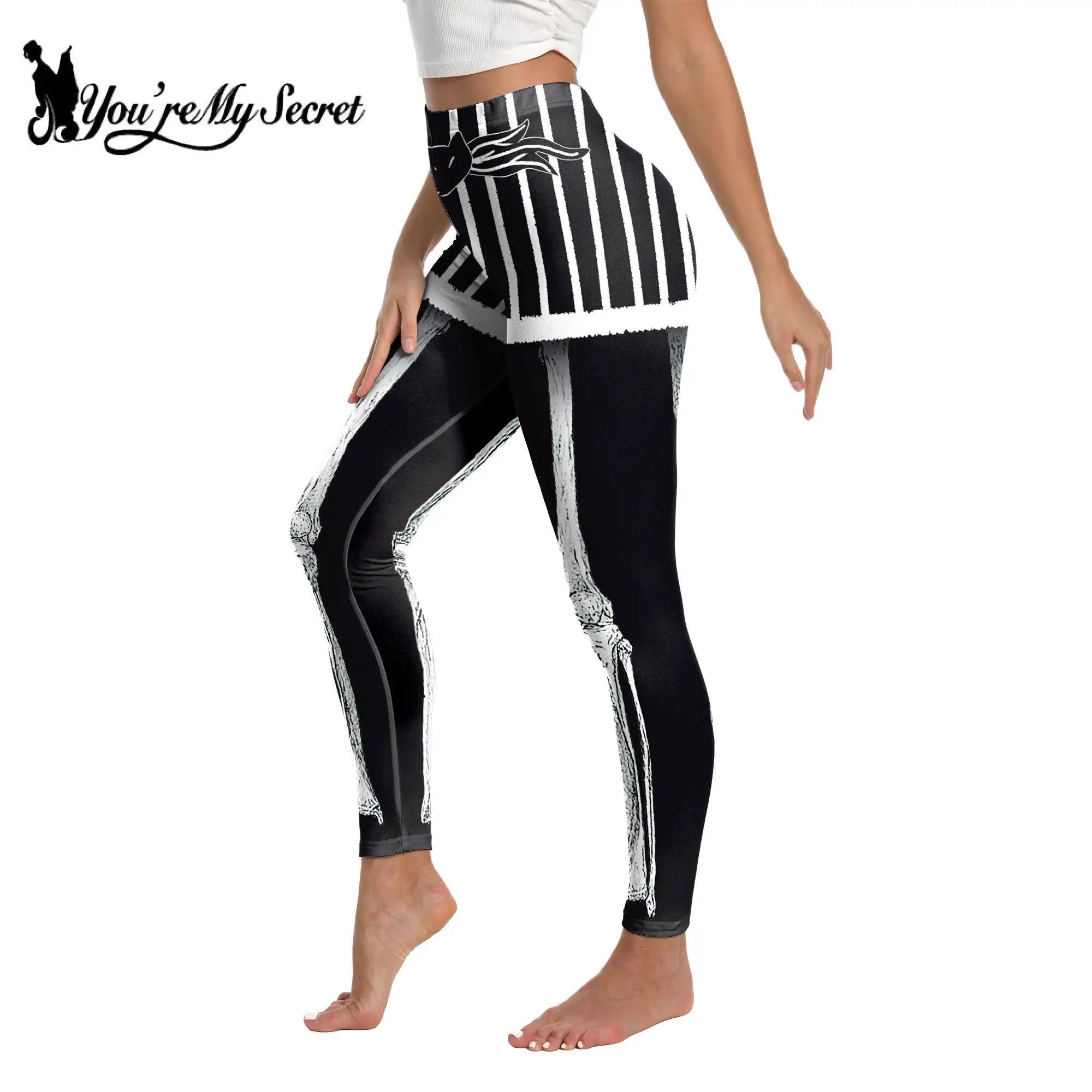 [You\'re My Secret] Woman Leggings Black & White Texture Pants Stripe print Elastic Spandex Legging Fashion Women Stretch Trouser