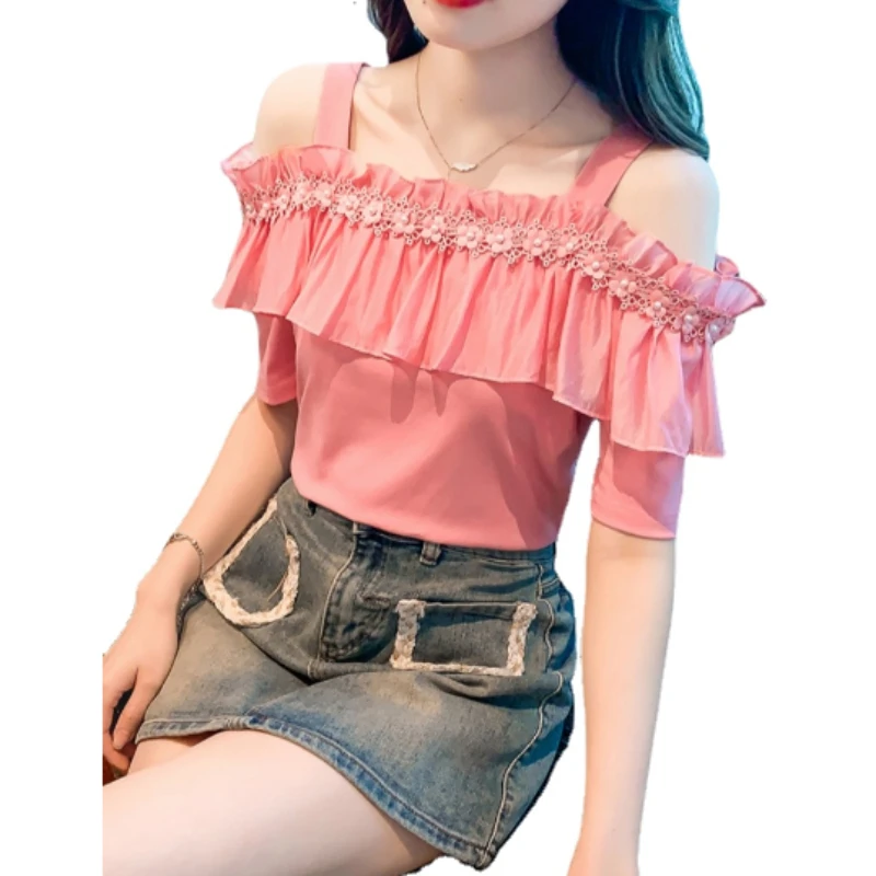 

Off-Shoulder Spaghetti Straps Chiffon Blouses for Women Summer Short Sleeve Top 2024 New Chic Ruffled Shirt Vacation Blusas