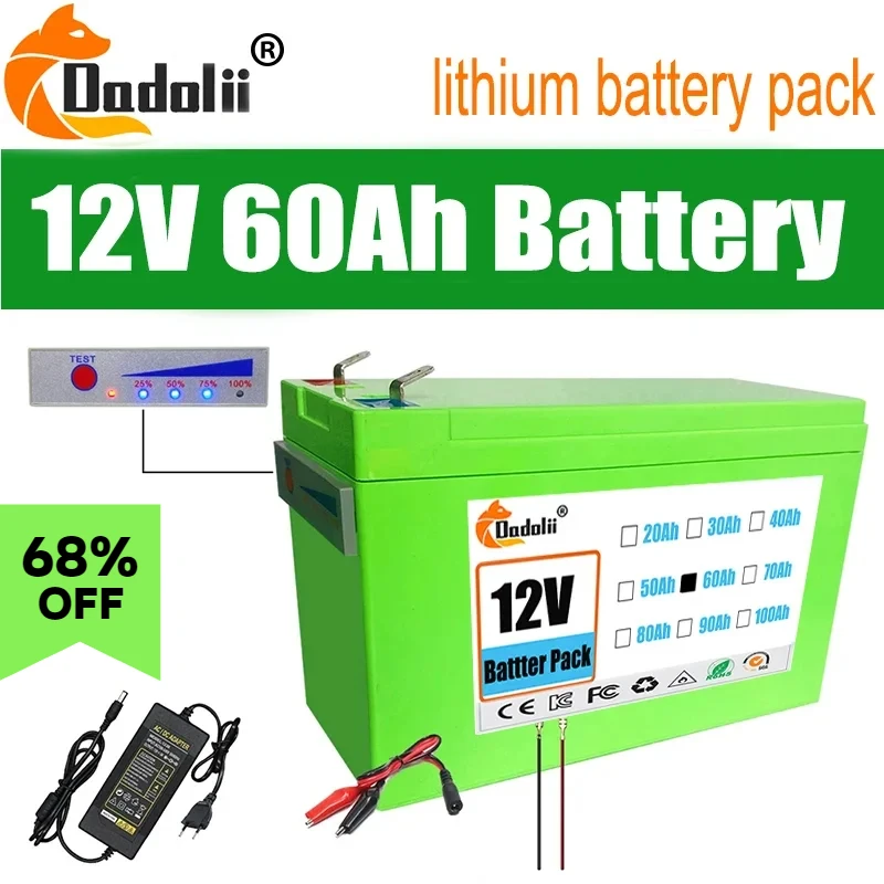 

NEW Sprayers 12V 60Ah Built-In High Current 30A BMS 18650 Lithium Battery Pack For Electric Vehicle Batterie 12.6V Charger