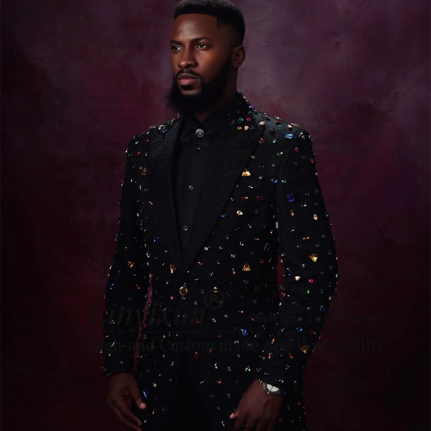 

Индивидуальные блестящие смокинги с металлическими украшениями, мужские костюмы, тонкие мужские пиджаки для выпускного вечера, комплекты из 2 предметов, свадебный костюм жениха Homme