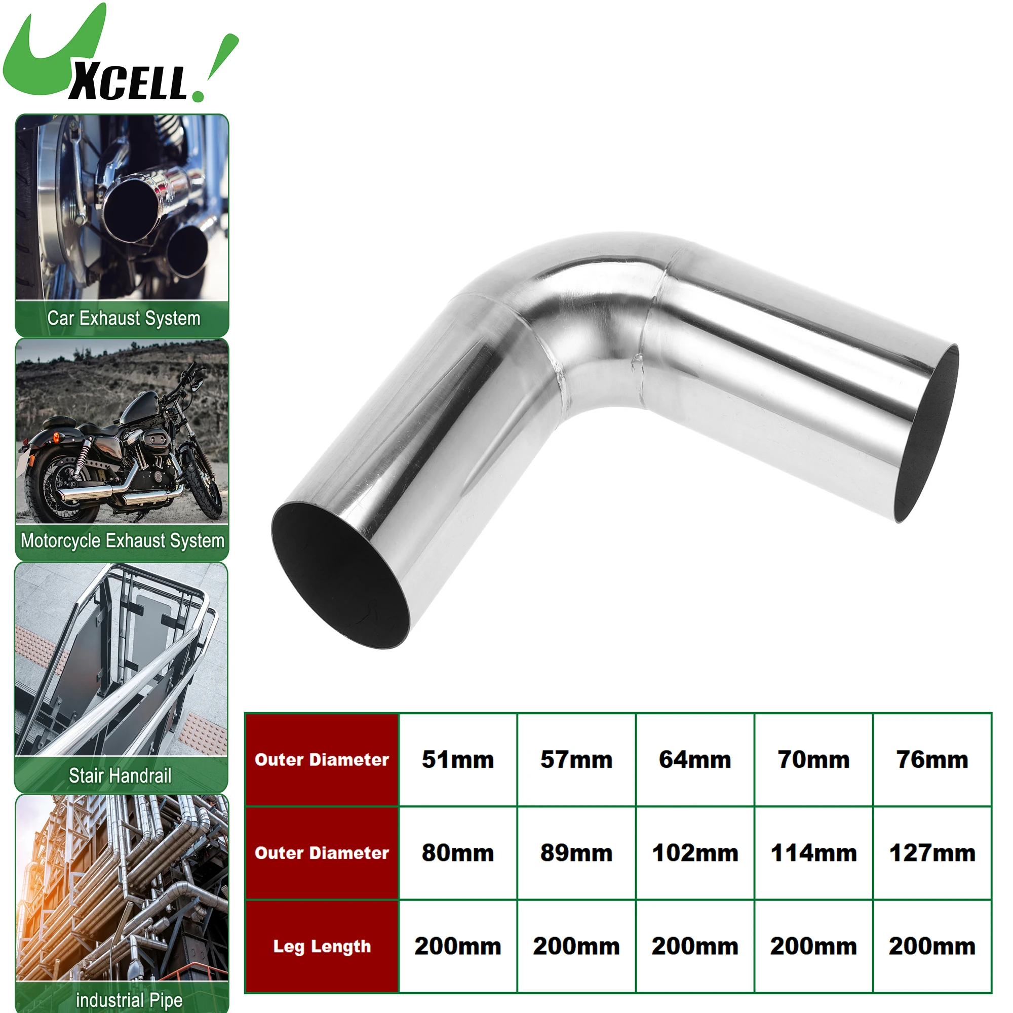 UXCELL 90 Degree 200mm Long 51mm-127mm OD Mandrel Exhaust Pipe DIY Car Modified Exhaust Tubing Piping 304 Stainless Steel