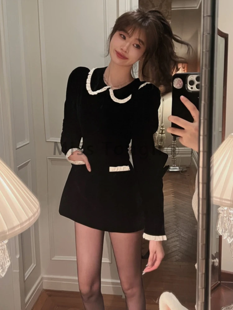 French Vintage One Piece Dress Women Pocket Elegant Y2k Evening Party Mini Dress Female Korean Style Casual Clothes 2024 Winter