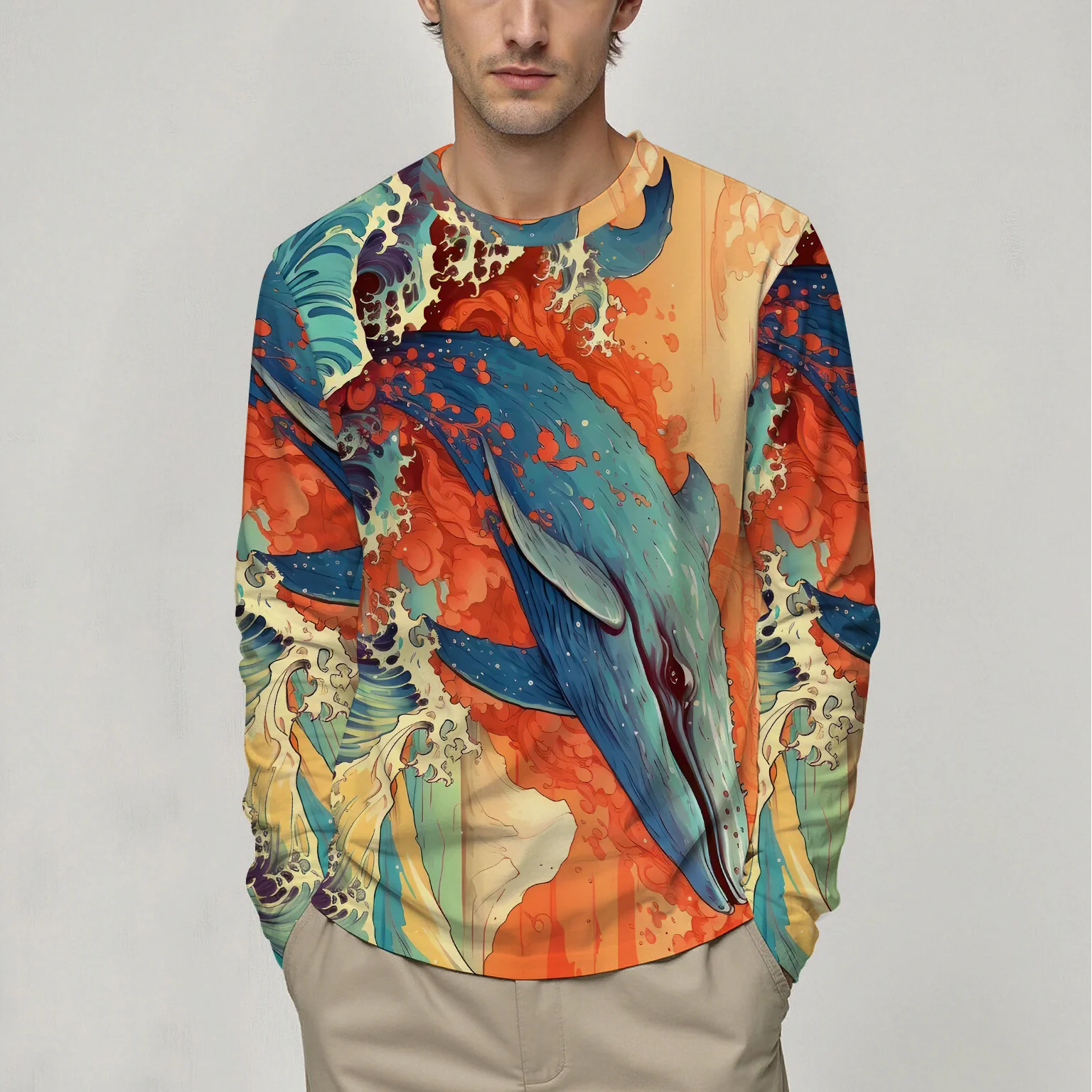

New spring and autumn men's round neck long-sleeved T-shirt with shark pattern casual, fashionable, comfortable and versatile