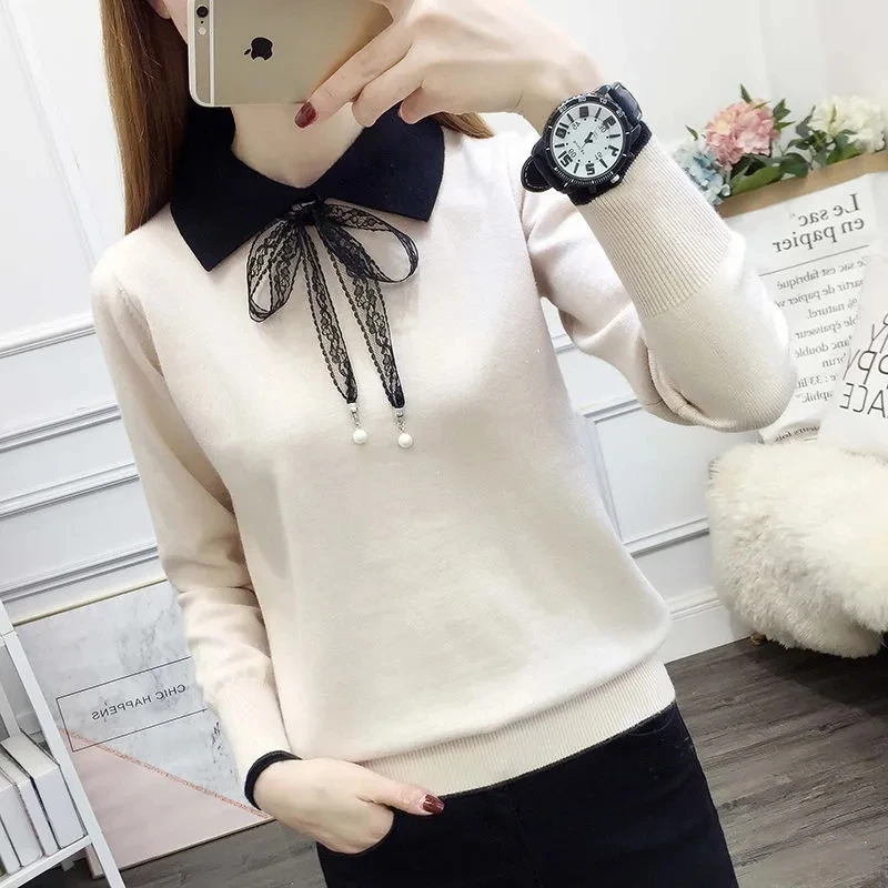 

2023 Autumn Winter Fashion Lace Up Sweater Ladies Bandage All-match Jumper Top Women Bottoming Knitting Pullover Pull