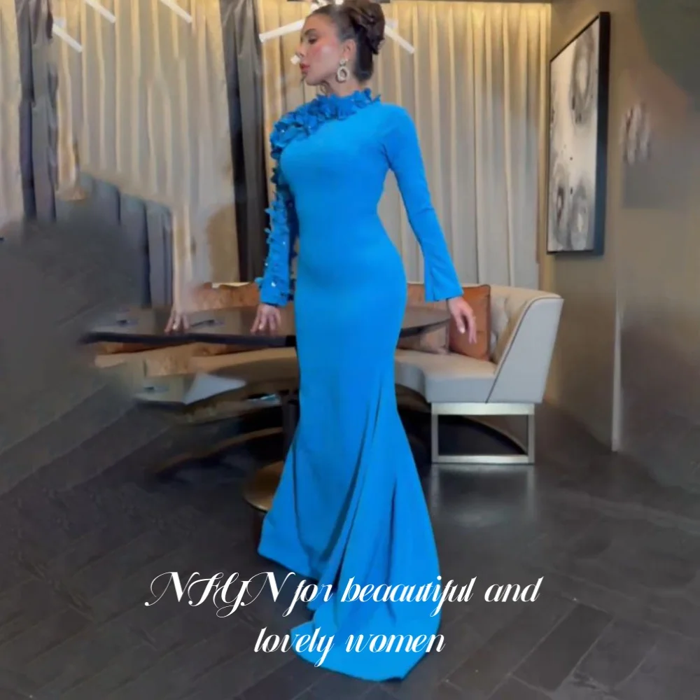 

NFYN Blue Long Stain Formal Prom Dresses Mermaid Trumpet Regular Sleeve Pleats Evening Gown Dresses with Appliques Customized