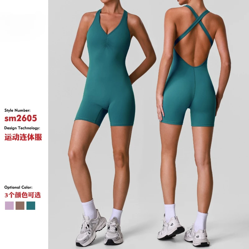 Women V-neck Backless Yoga Pilates Jumpsuits Breathable Comfy Sport Workout Clothing One-piece Romper with Bra Gym Set for Women