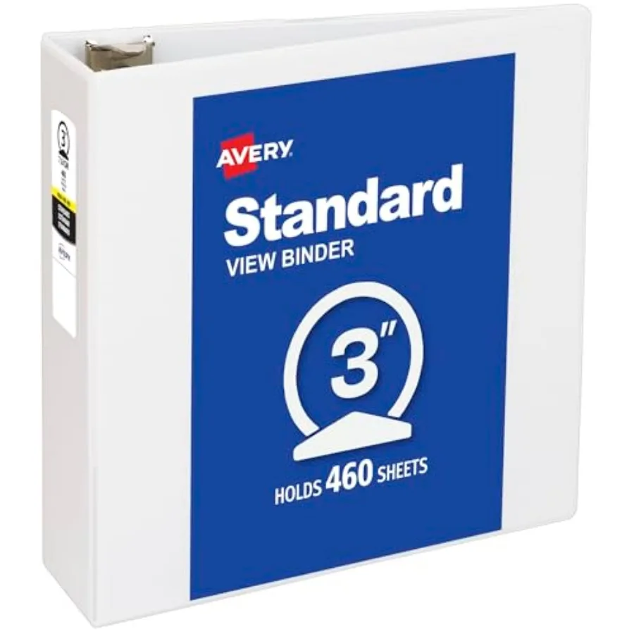 

Standard View 3 Ring Binder, Round Rings, 460-Sheet Capacity, 3.5 Inch Wide Spine, 1 White Binder, Ideal for Lightweight Organi