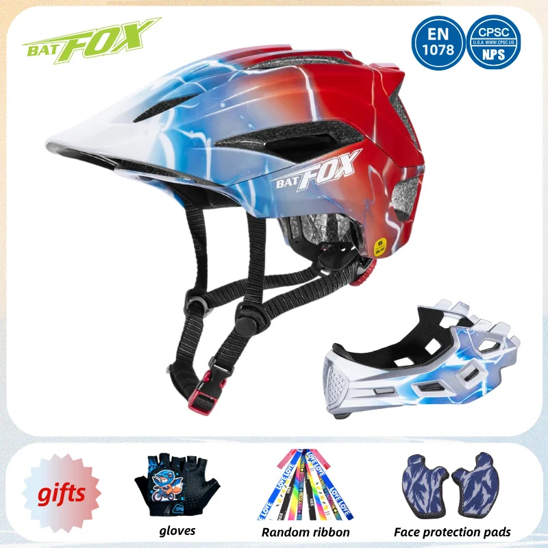 BATFOX Boys Girls Children Full Face MTB Helmet Removable Design Breathable Shock Absorb Kids Downhill Bicycle Protective Casco