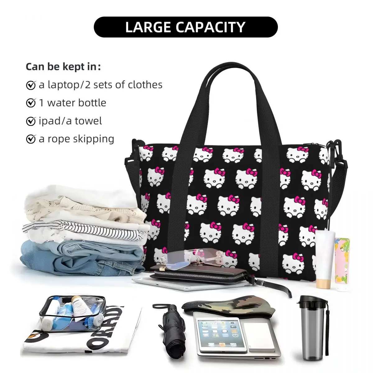 Custom Hello Kitty Tote Bag Women Large Capacity Kitty White Beach Gym Shoulder Travel Bag