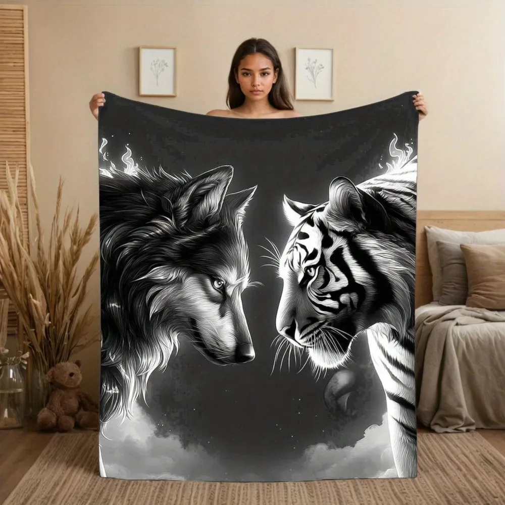 

Wolf & Tiger Blanket - Black White Soft Flannel Wildlife Lover Throw