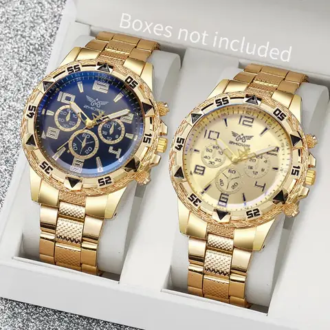 2psc Blue light glass men's business watch, steel strap quartz watch, multifunctional digital scale three eye watch