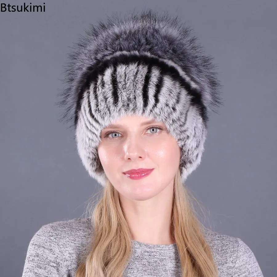 

Women's Autumn and Winter Elastic Natural Fluffy Silver Fox Fur Hat Women Knitted Real Rex Rabbit Fur Hats Ladies Real Fur Cap