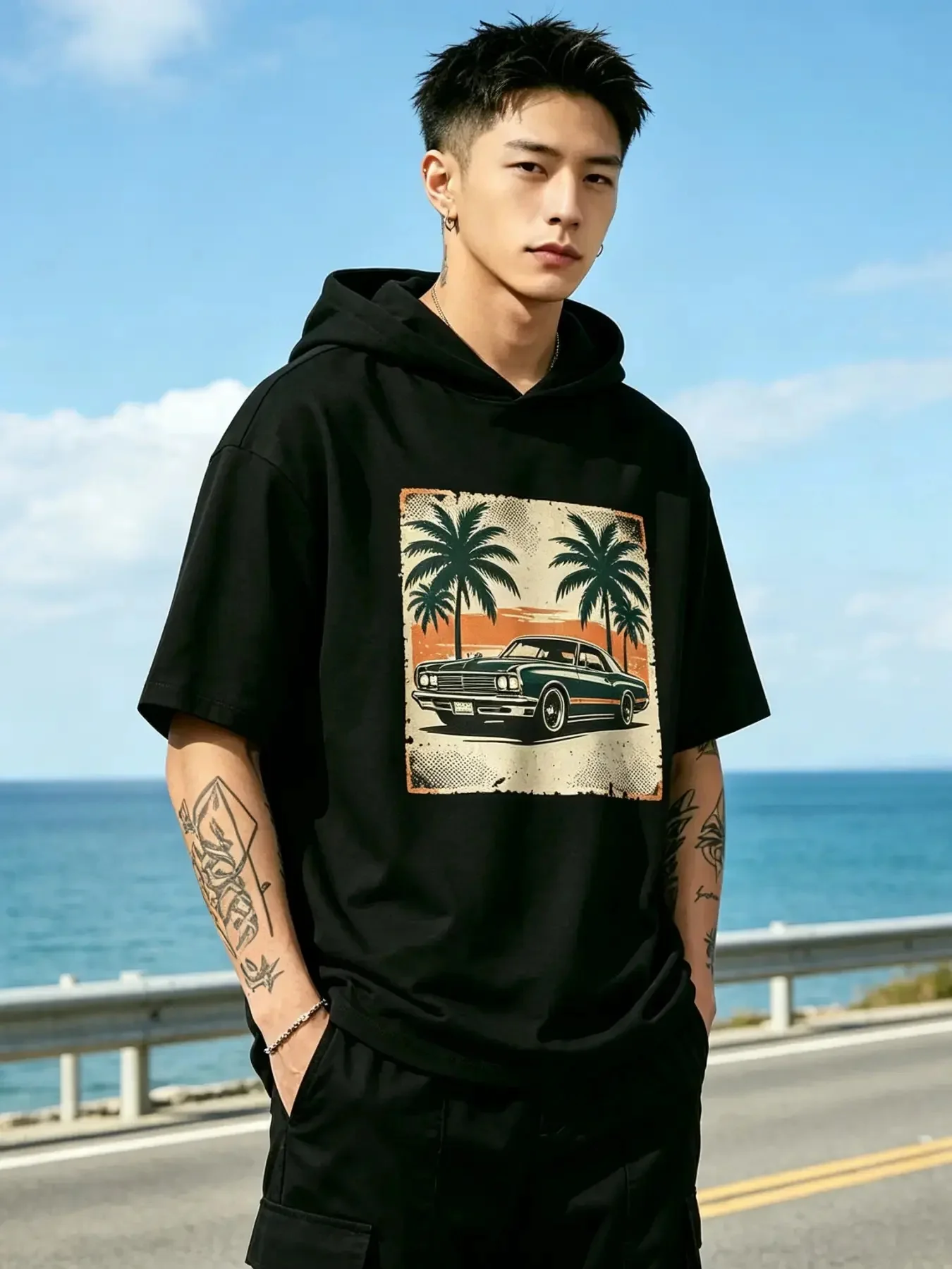 Men's Short Sleeve Hooded T-Shirt, Vintage Classic Car Palm Tree Retro Beach Graphic Hoodie Tee, Relaxed Fit Summer Streetwear Pullover Top