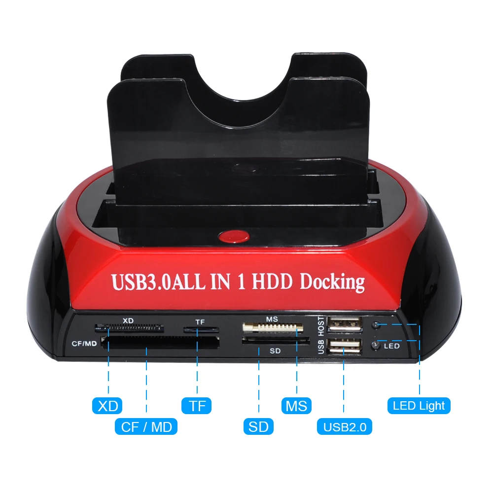 All IN 1 Dual-bay Hard Drive Station USB3.0 2.0 5Gbps HDD SSD Docking with 12V Power Adapter for 2.5/3.5 Inch HDD/SSD TF Card