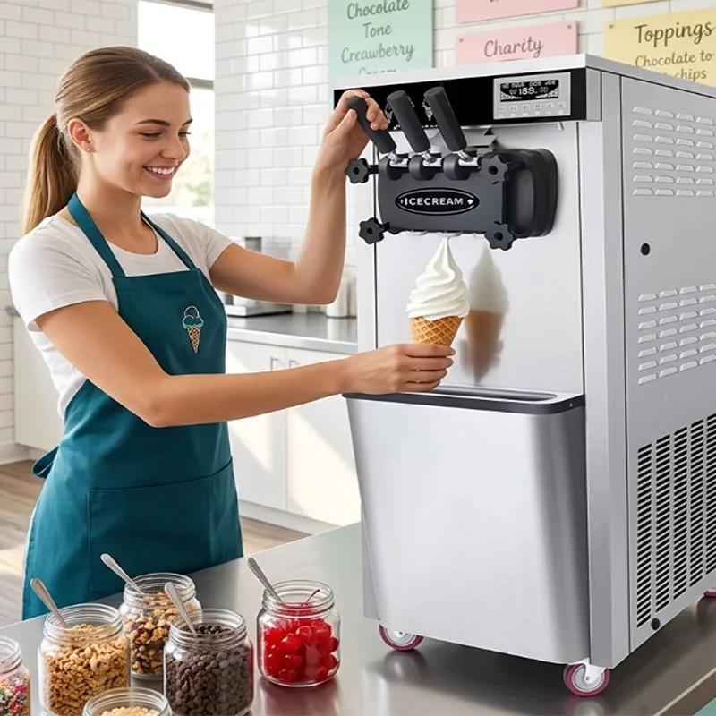 New Style Automatic 3 Flavor Soft Ice Cream Maker Machine Electric Stainless Steel Motor Vending Making Machine