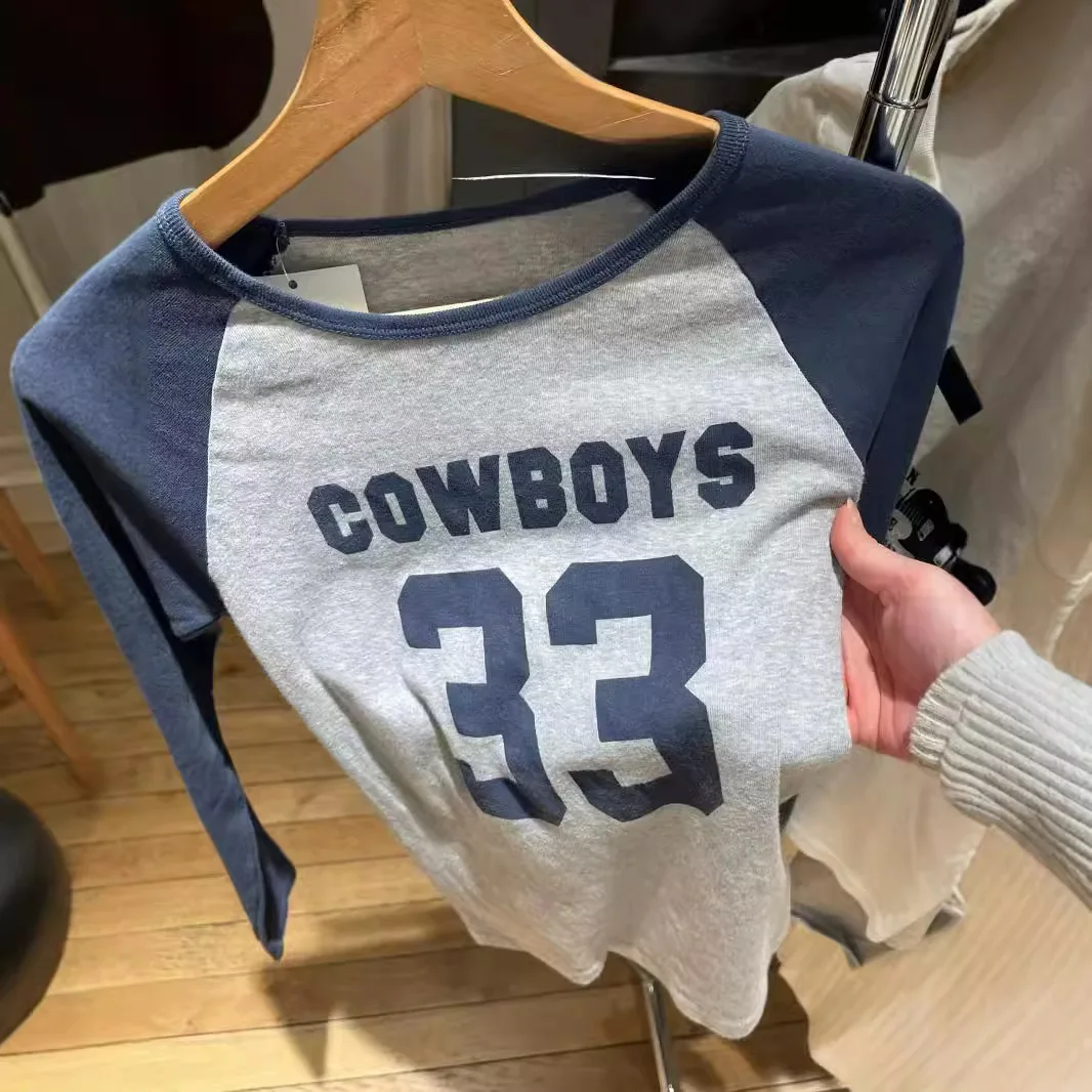 33 Cowboys Printed Slim Long Sleeve T-shirts Streetwear Round Neck Tight  Fall Tees Cotton Gray Navy Blue Patchwork Y2k Tops