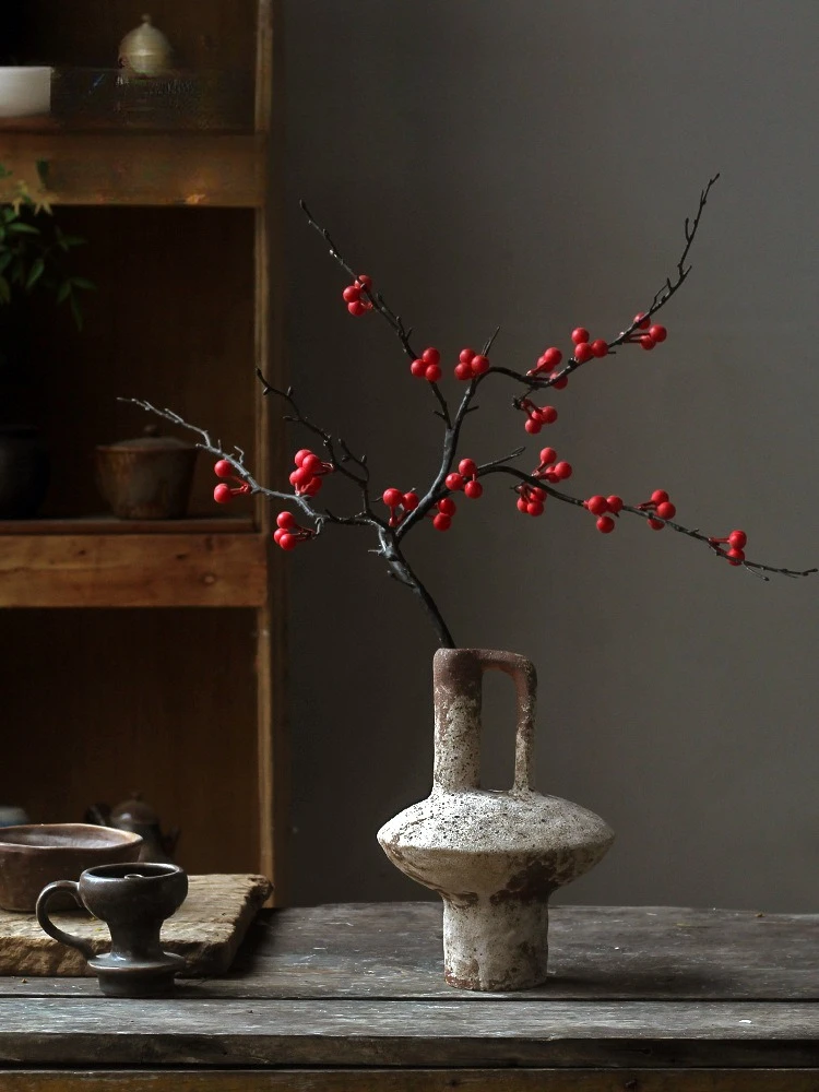 Vintage Wabi-sabi style Handcrafted Ceramic Vase Rustic Textured Cylinder Flower Vase Zen Dried Flower Art Craft Home Decoration