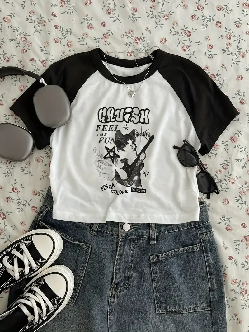 

Sexy Cropped Guitar Music CatT Shirt Print Crop Top Short Sleeve Crew Neck T-shirt for Women Casual Spring Summer Clothing