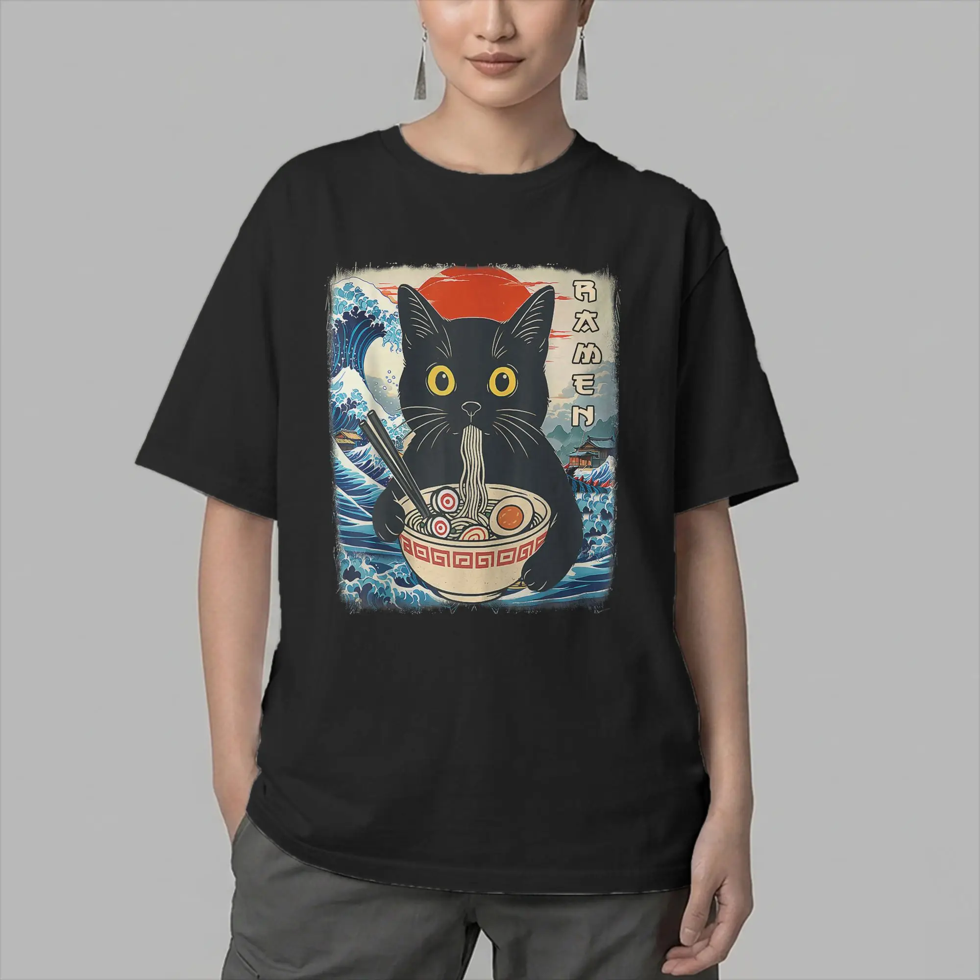 Japanese Black Cat Ramen T-Shirt for Men Kawaii Noodle Cat Leisure Cotton Tee Shirt Round Collar Short Sleeve T Shirts