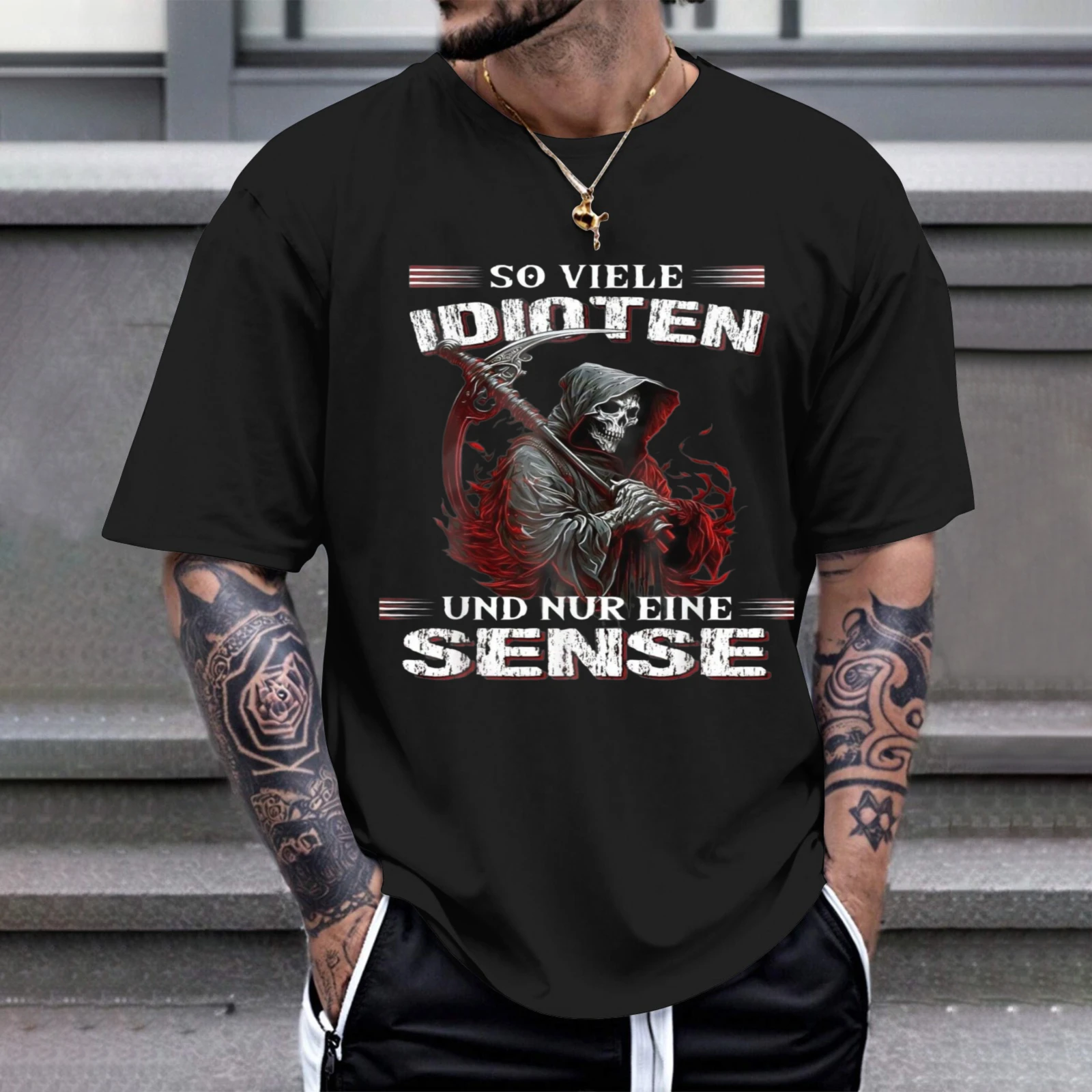 Herren-T-Shirt „So Many Idiots And Only One Scythe“, perfekt für Freizeitkleidung, Partys und Karnevalsoutfits.