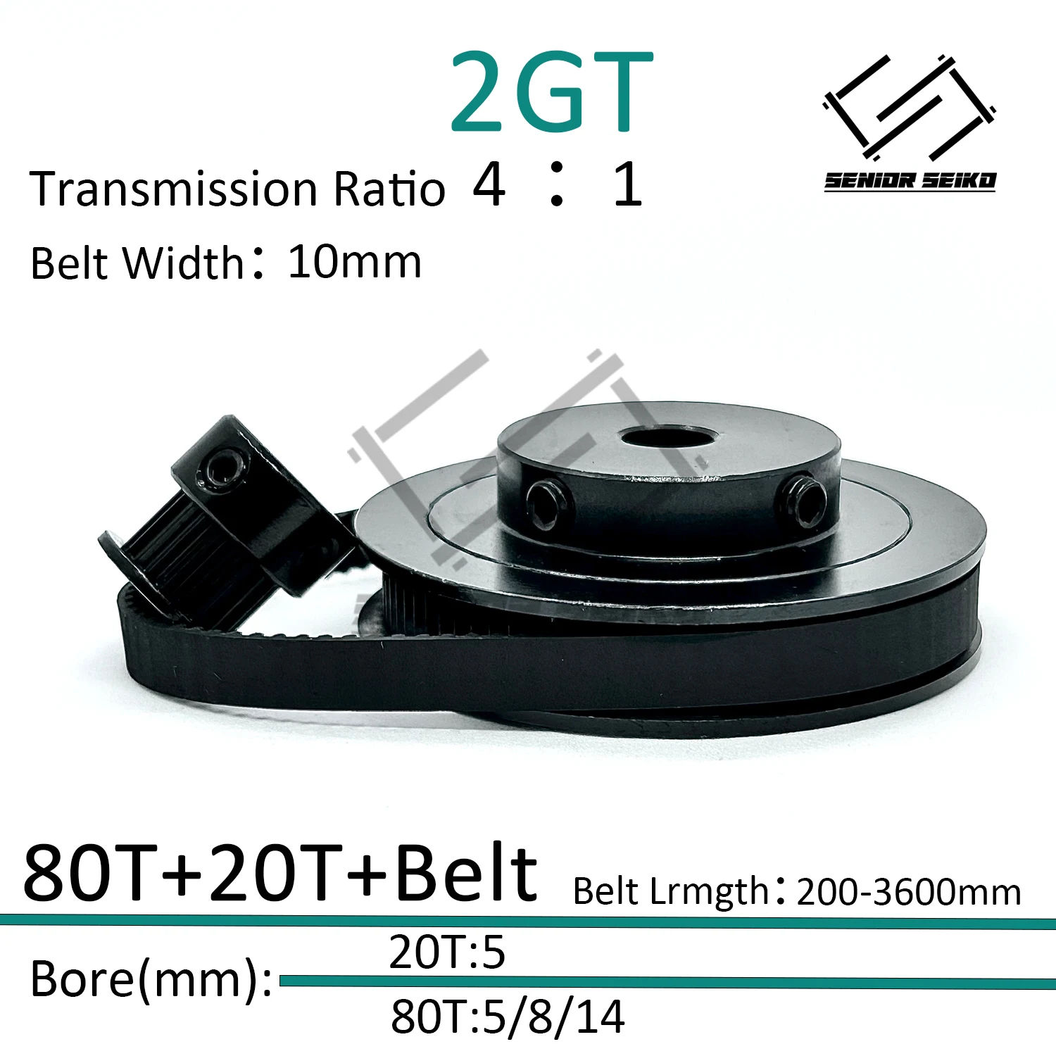2M GT2 Kit 80Teeth 20T GT2 20Teeth 80T Timing Pulley Set Belt Width 10mm Bore 5~14mm Black 4:1 Wheel Synchronous Pulley Belt Kit