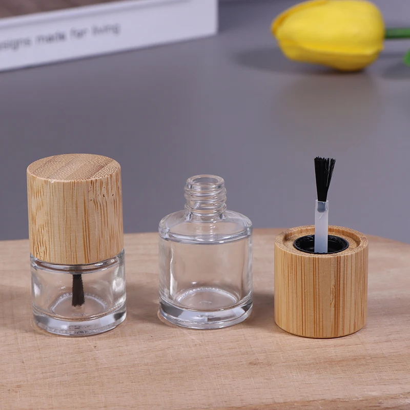 5ml 10ml 15ml Cylindrical Glass Nail Oil Bottle Hair Brush Nail Glue Bottle Solid Wood And Bamboo Cover Nail Oil Container
