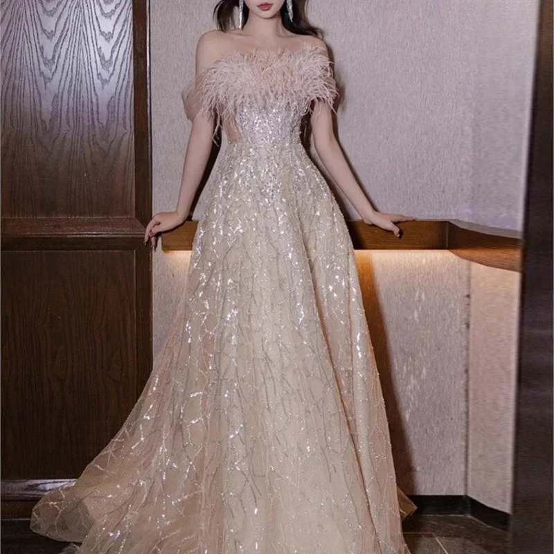 A word shoulder light luxury small coming-of-age ceremony graduation toasting gown dress