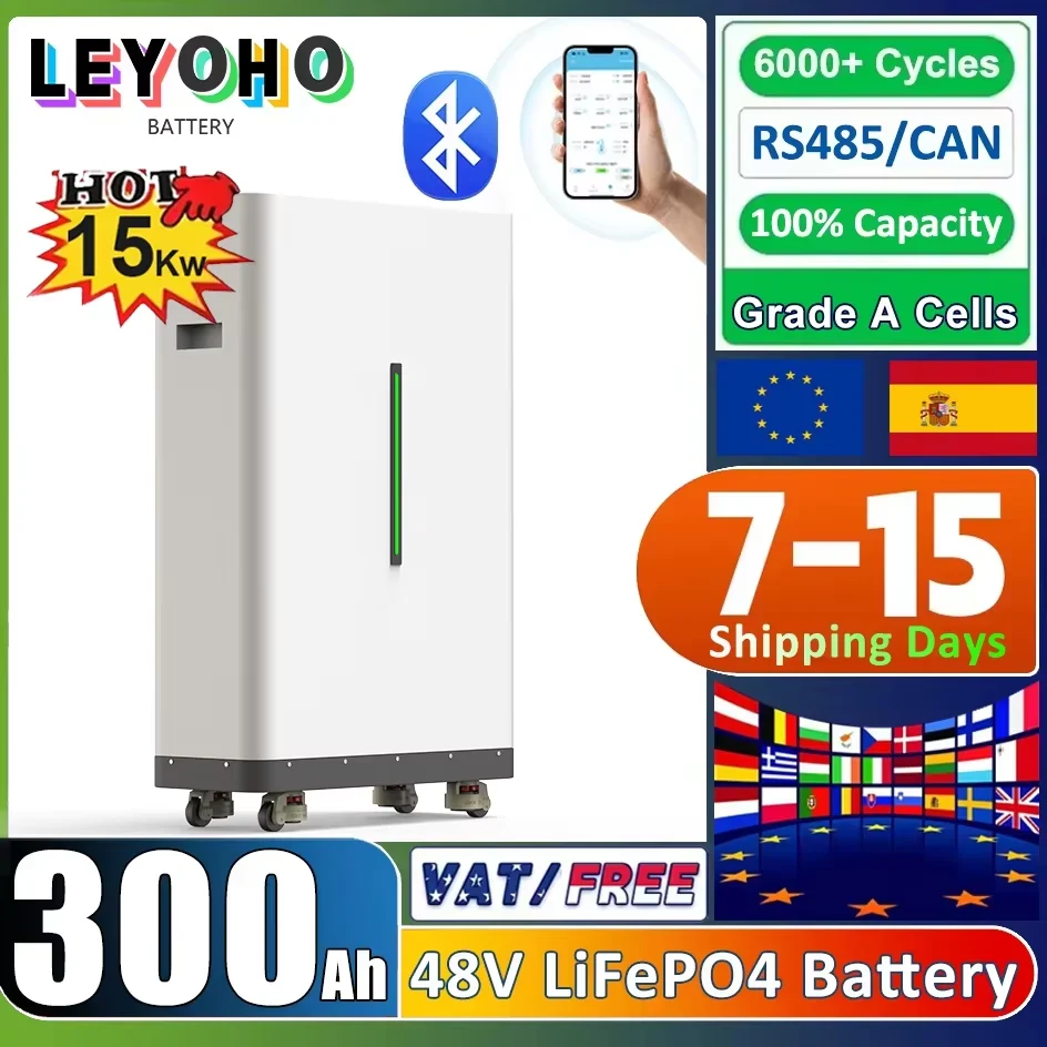 

48V 300Ah LiFePO4 Battery Pack 15Kwh 51.2V BMS 100Ah 150Ah 200Ah 600Ah Lithium Battery 6500 Cycles Solar Energy Storage EU STOCK