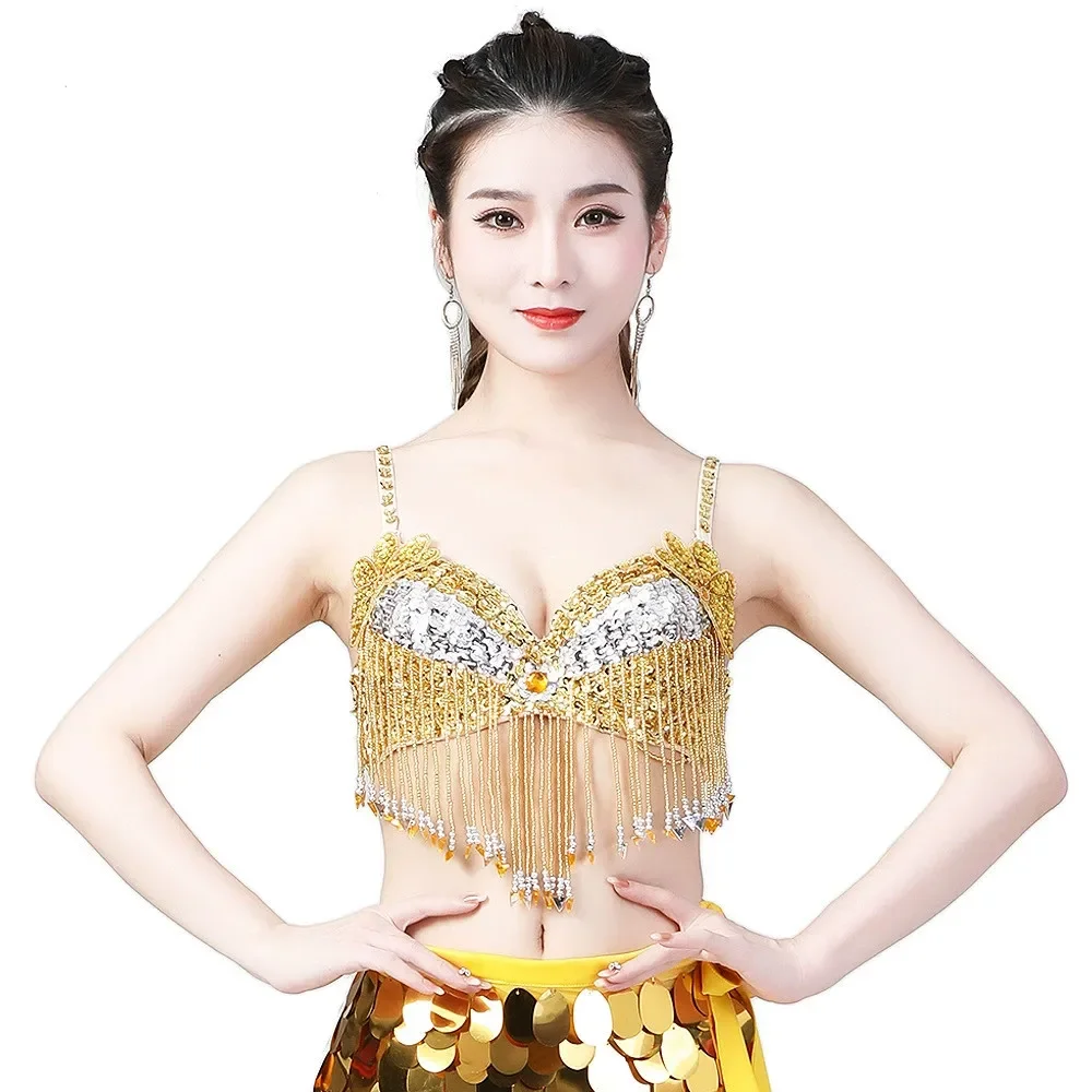 Sexy Dance Performance Bra Womens Sequins Belly Dance Tops Sparkly Adjustable Straps Plastic Beaded Tassels Underwired Bra 1