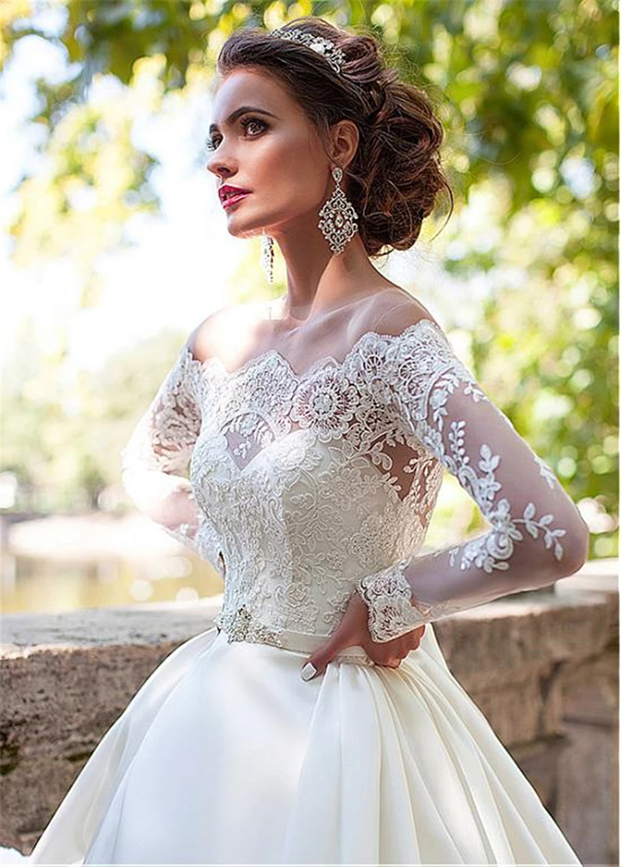 2021 nova o-neck cetim tule com apliques laço varredura trem a linha vestidos de casamento manga longa com bolso vestido de noite