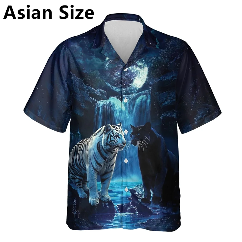 Fashion Tiger 3D Printed Shirts For Men Trend Summer Short Sleeve Lapel Button Hawaiian Shirts Cool Streetwear Oversized Blouse