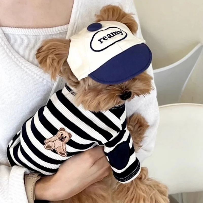 Summer Pet Shirt Cute Striped Dog Clothes Bear Print Puppy Bottoming Shirt Breathable Cat Pullovers Pet Sweatshirts Dog Apparel