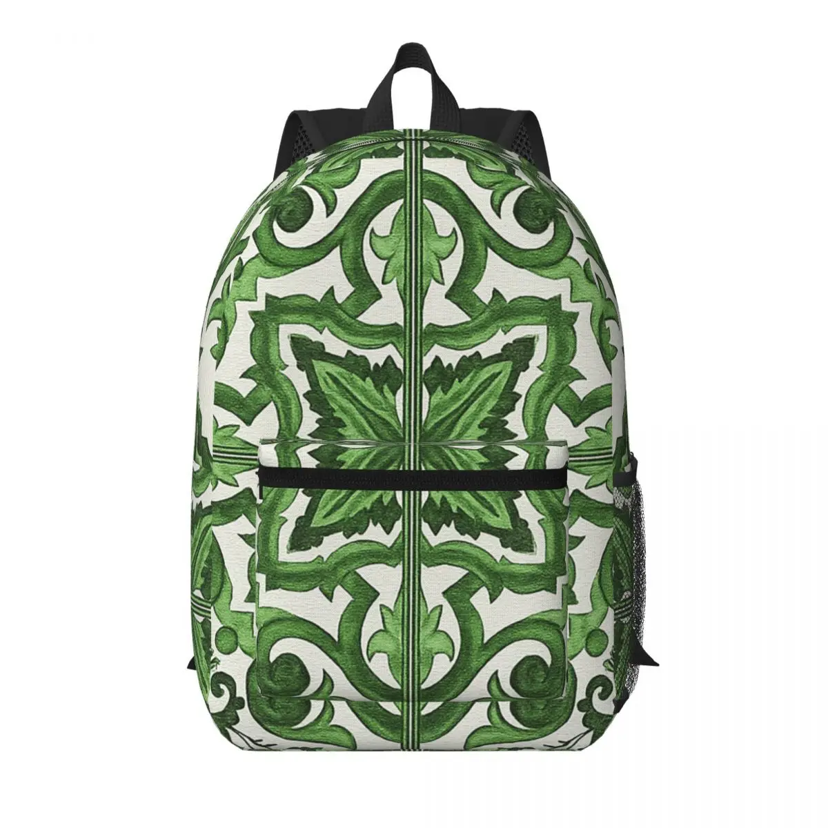Green Ornate Floral Mediterranean Sicilian Tile Backpack School Bag Hiking Travel Daypack for Men Women Bookbag Shoulder Bags