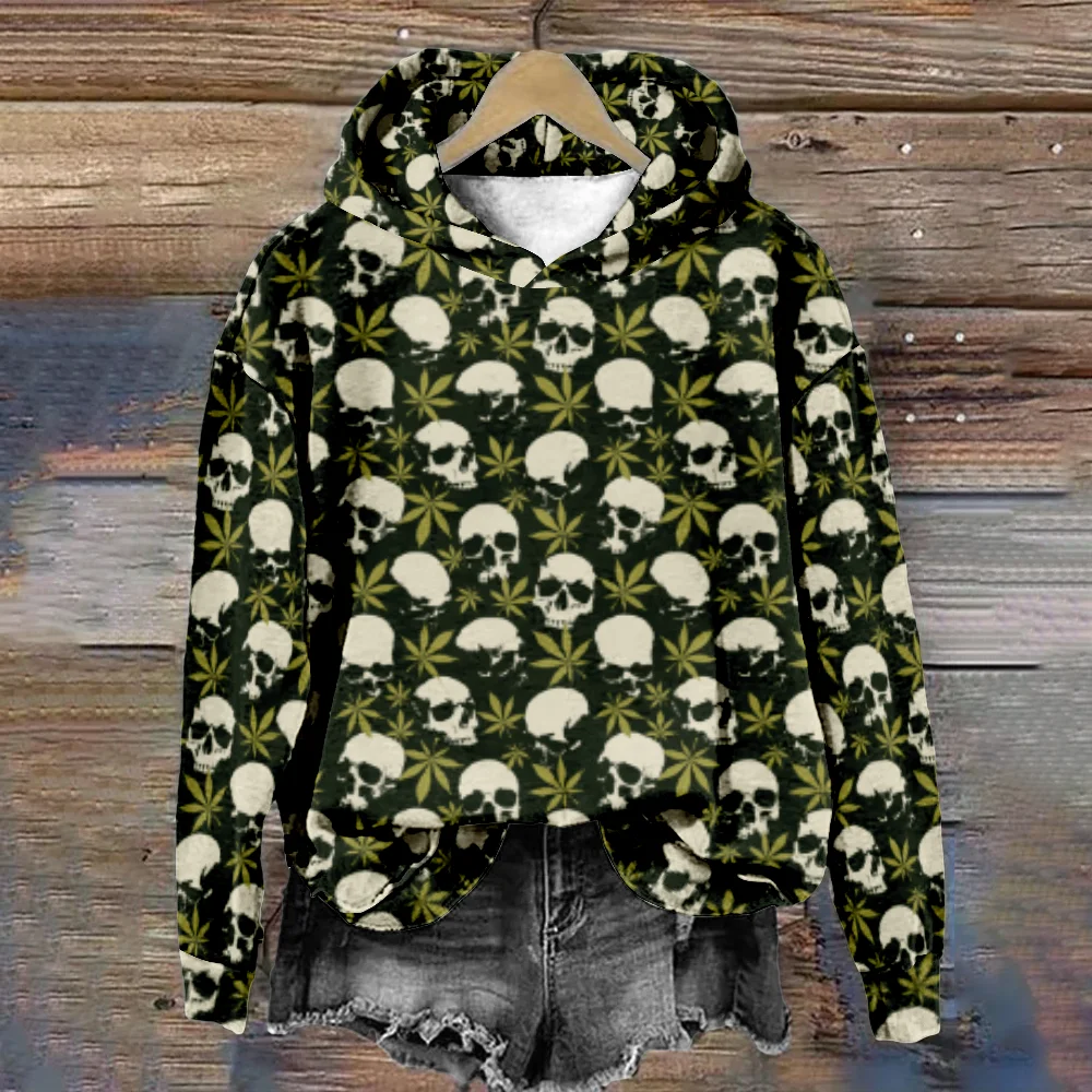 Women Hoodie Skull and Rose Print Cool Pullover Casual Y2K Harajuku Vintage Streetwear Sweatshirt