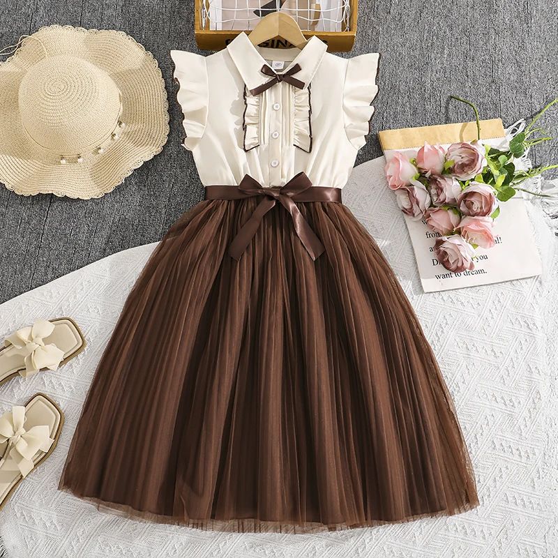 

Платье для девочек 8-12 лет, бежево-коричневое, с рюшами на рукавах, воротником-рубашкой, бантом и юбкой из фатина с декоративным поясом, повседневный детский наряд