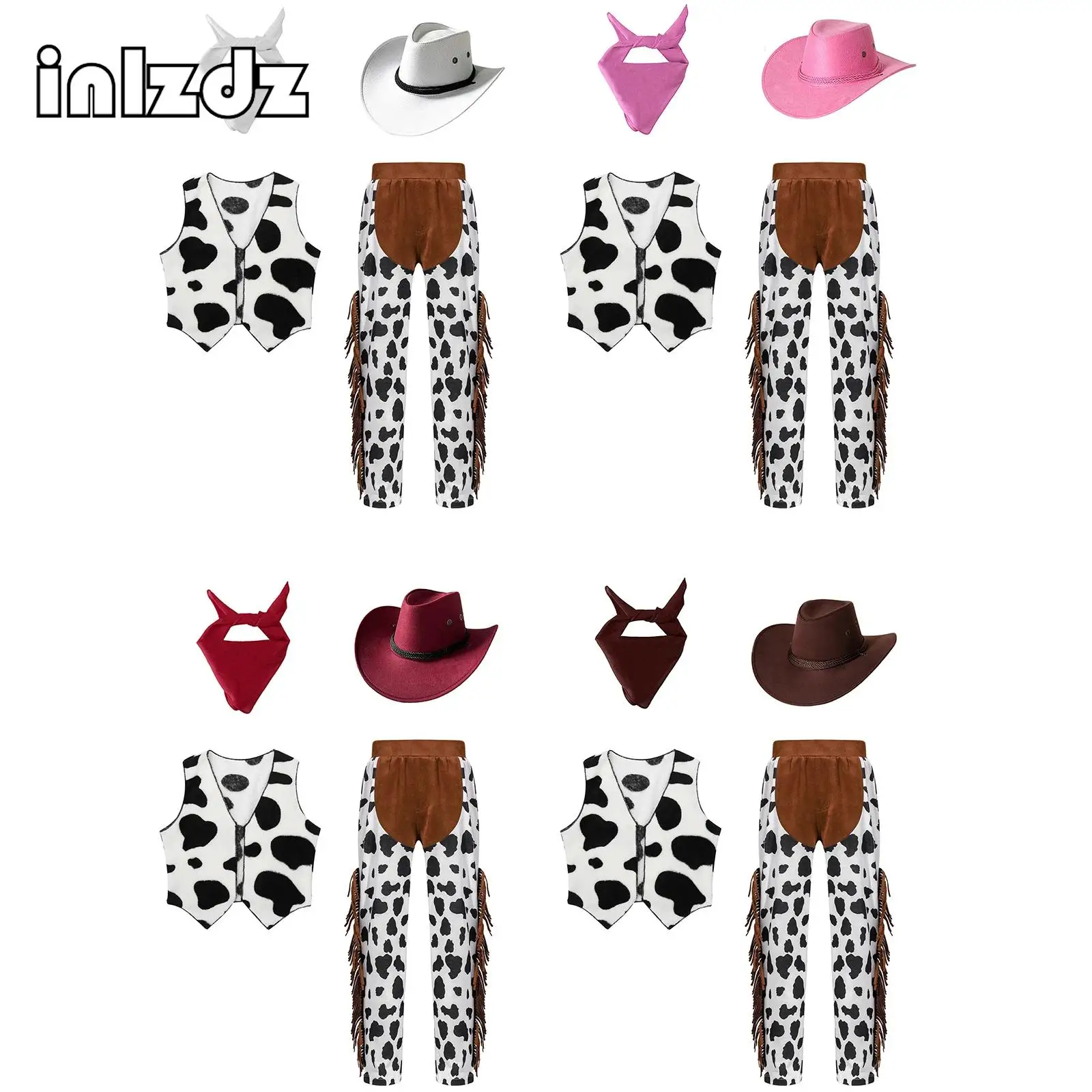 

Детский ковбойский костюм ковбоя для косплея ковбоя, жилет с рисунком пятен коровы, топы, брюки с бахромой, костюм для Дикого Запада, необычная одежда