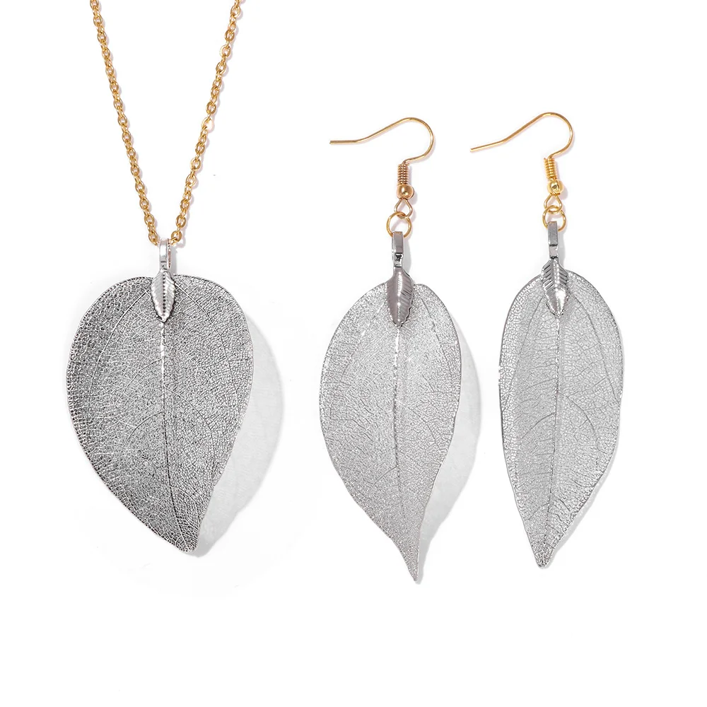 Women's Electroplated Gold Leaves Necklace & Drop Earrings Set