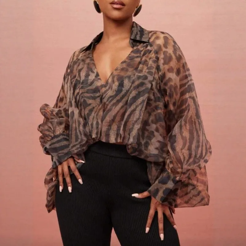 Damen Sommer Bluse mit Leoparden- und Tiger-Print, V-Ausschnitt, Revers, locker geschnitten, lange Ärmel, transparentes Chiffon-Shirt, lässige Street-Fashion Damen-Oberteil