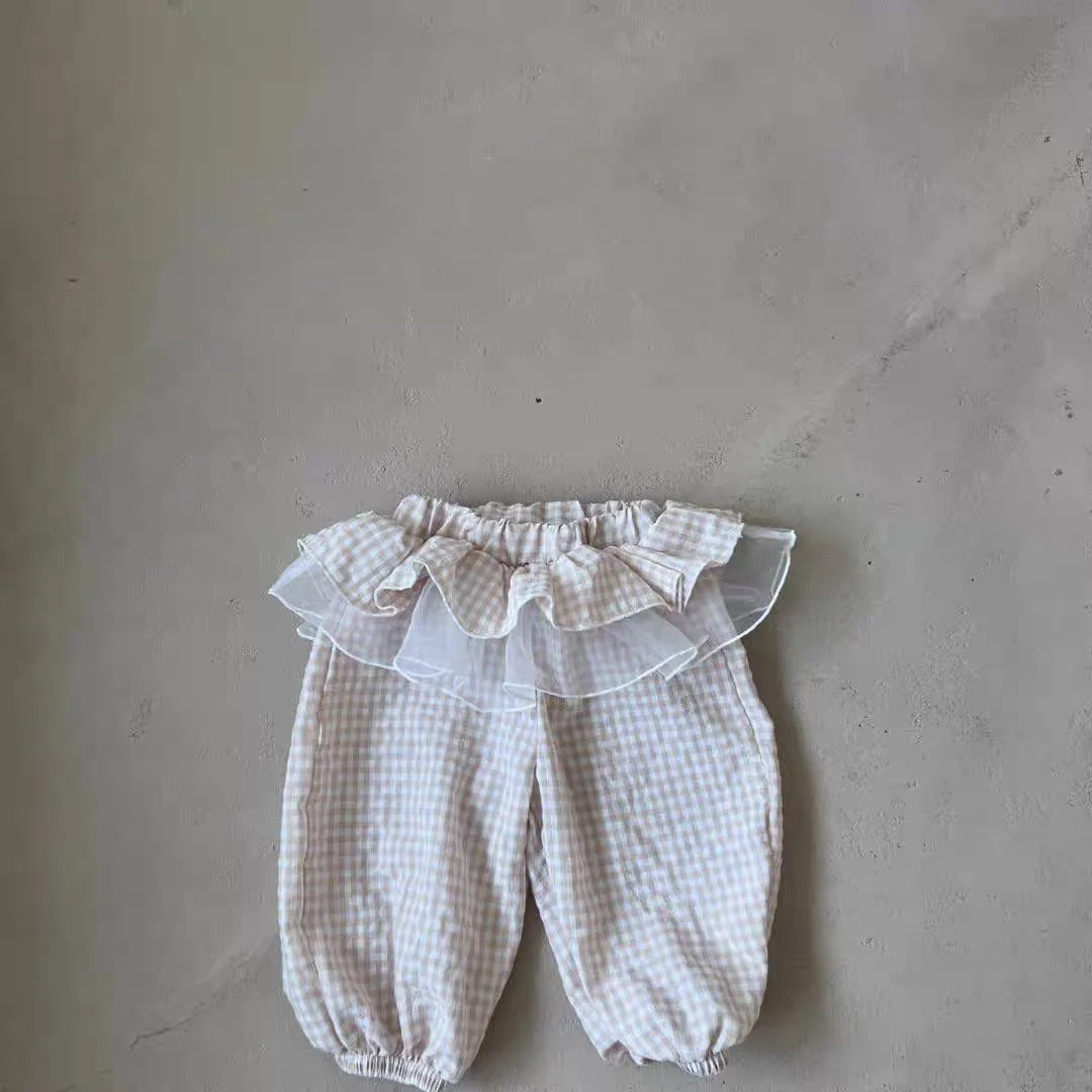 2026 Summer New Baby Loose Trousers Sweet Girls Plaid Lace Culottes Cotton Infant Casual Pants Toddler Mosquito Proof Pants